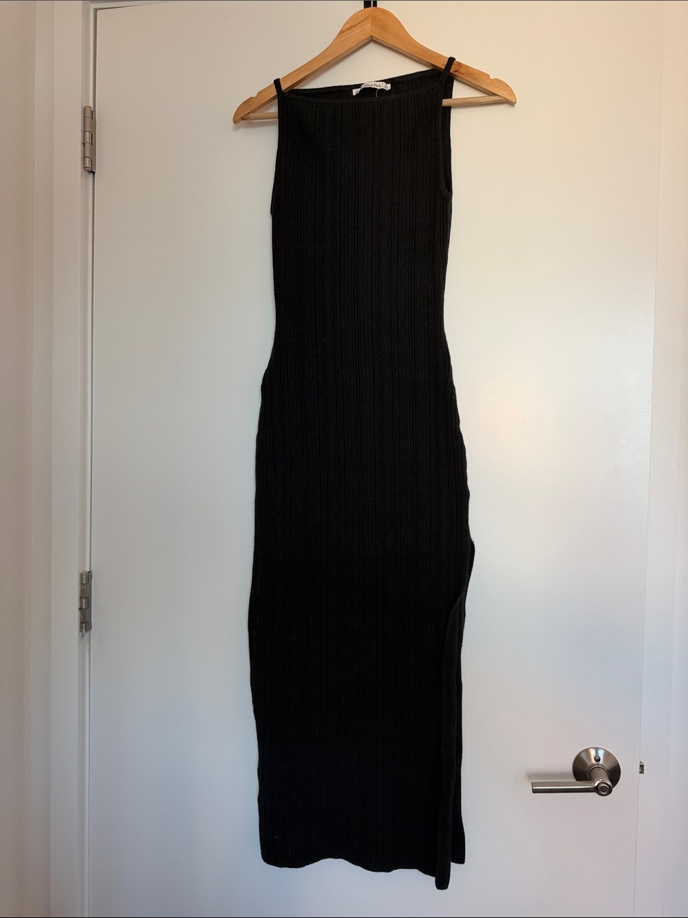 Knit Black Ribbed Maxi Dress with Side Slit